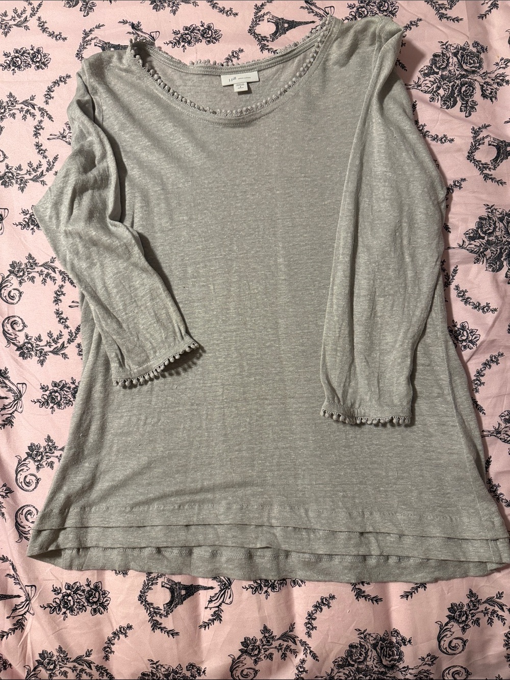 J. Jill 100% linen Light Silver Gray Long Sleeve Scoop Neck Top with Pom Trim